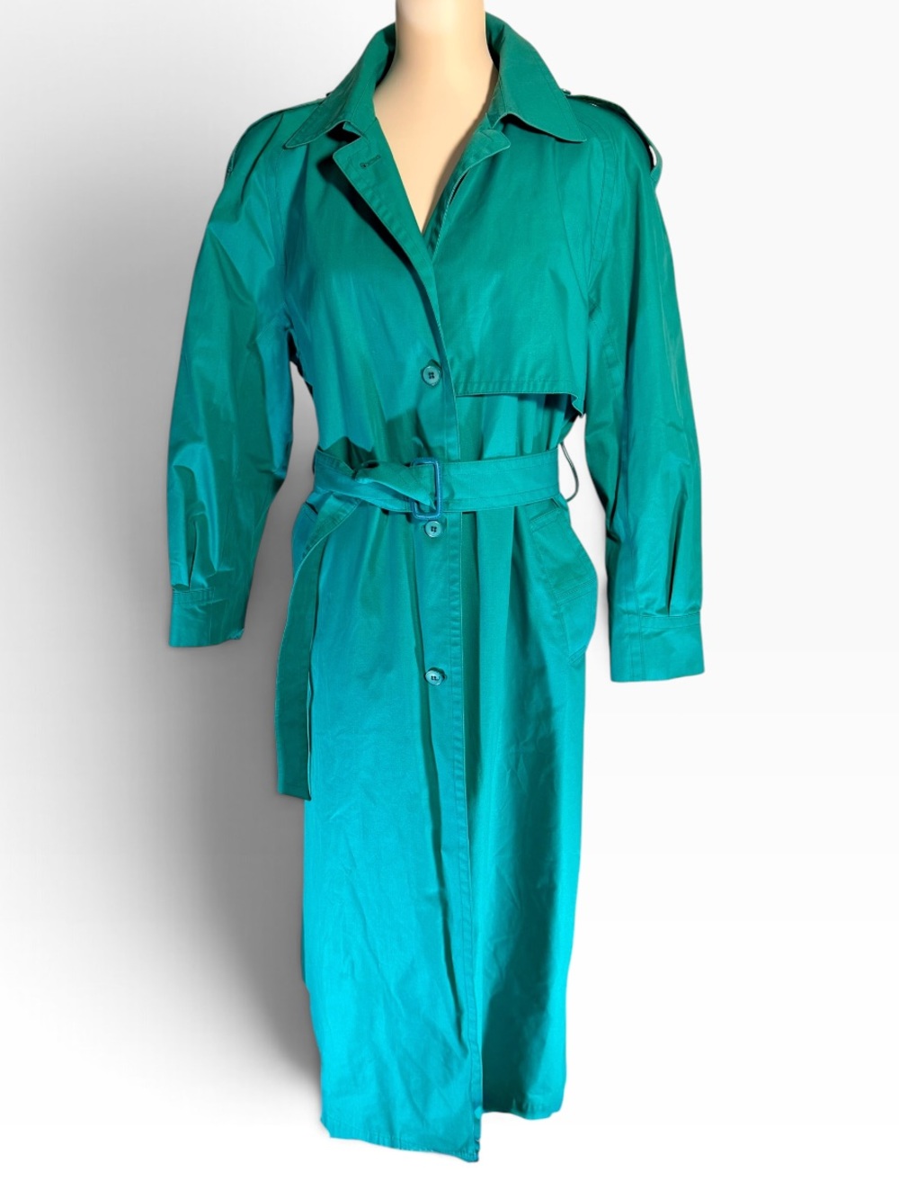 Vintage 80s London Fog Teal Green Trench Coat 12 Belted Made in USA Lined Floral